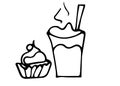 Hot coffee with a straw in a mug and cake, coffee icon in hand drawn, doodle, sketch style isolated in white background Royalty Free Stock Photo